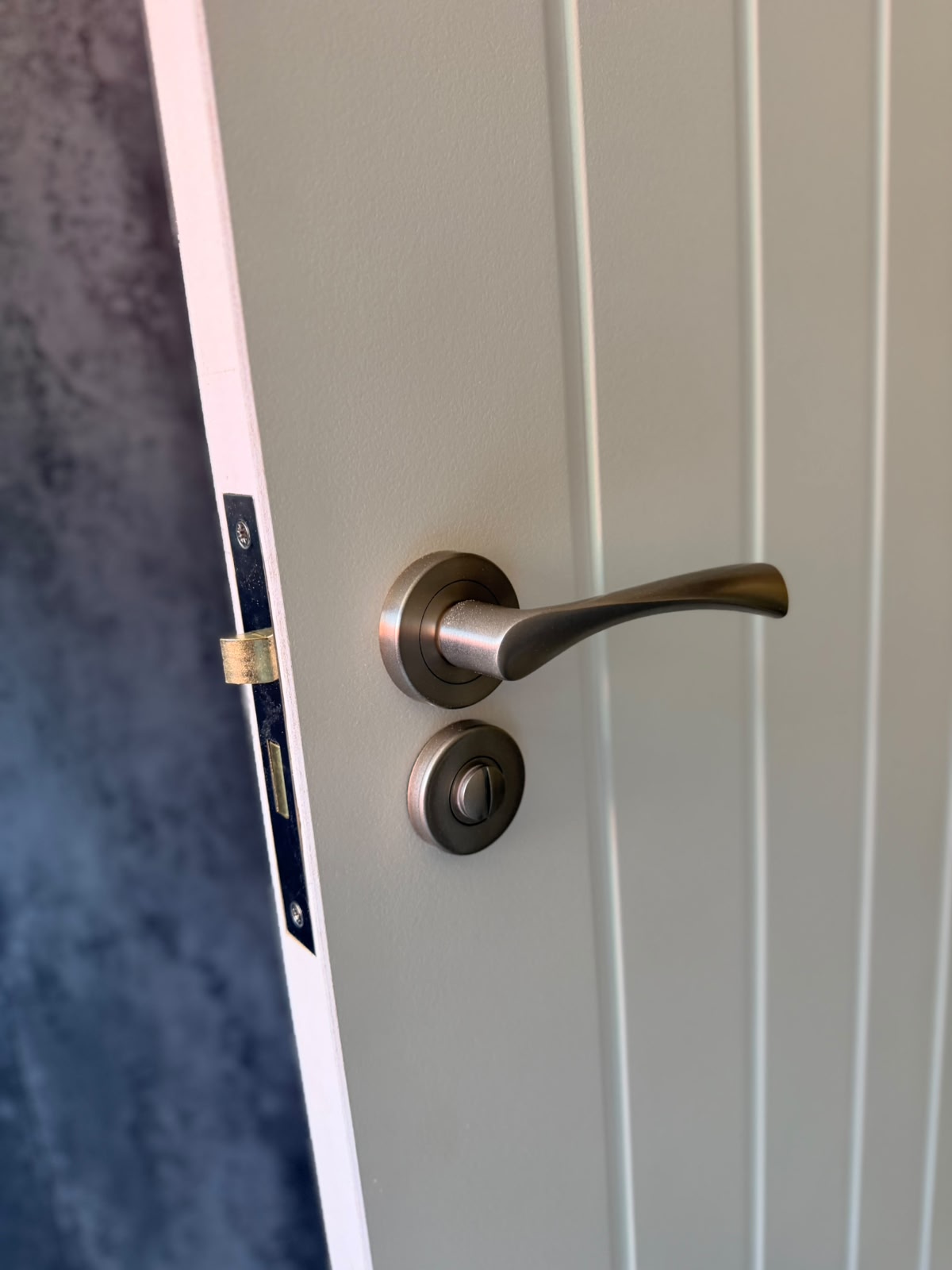 Door handle detail — brushed nickel on tongue and groove door